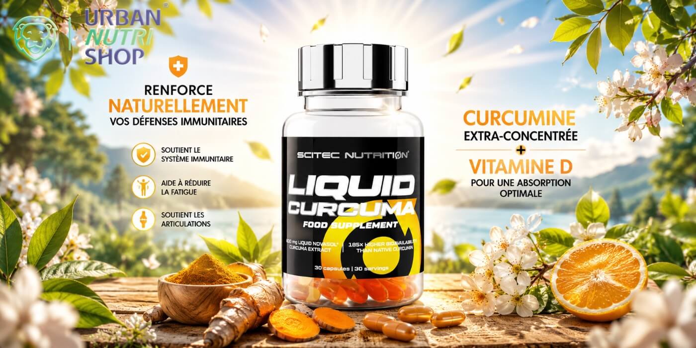banniere du liquid curcuma avec vitamine D3 30capsules de scitec nutriton pour vitalite, systeme immunitaire et antioxydant vendu par urbannutrishopcom